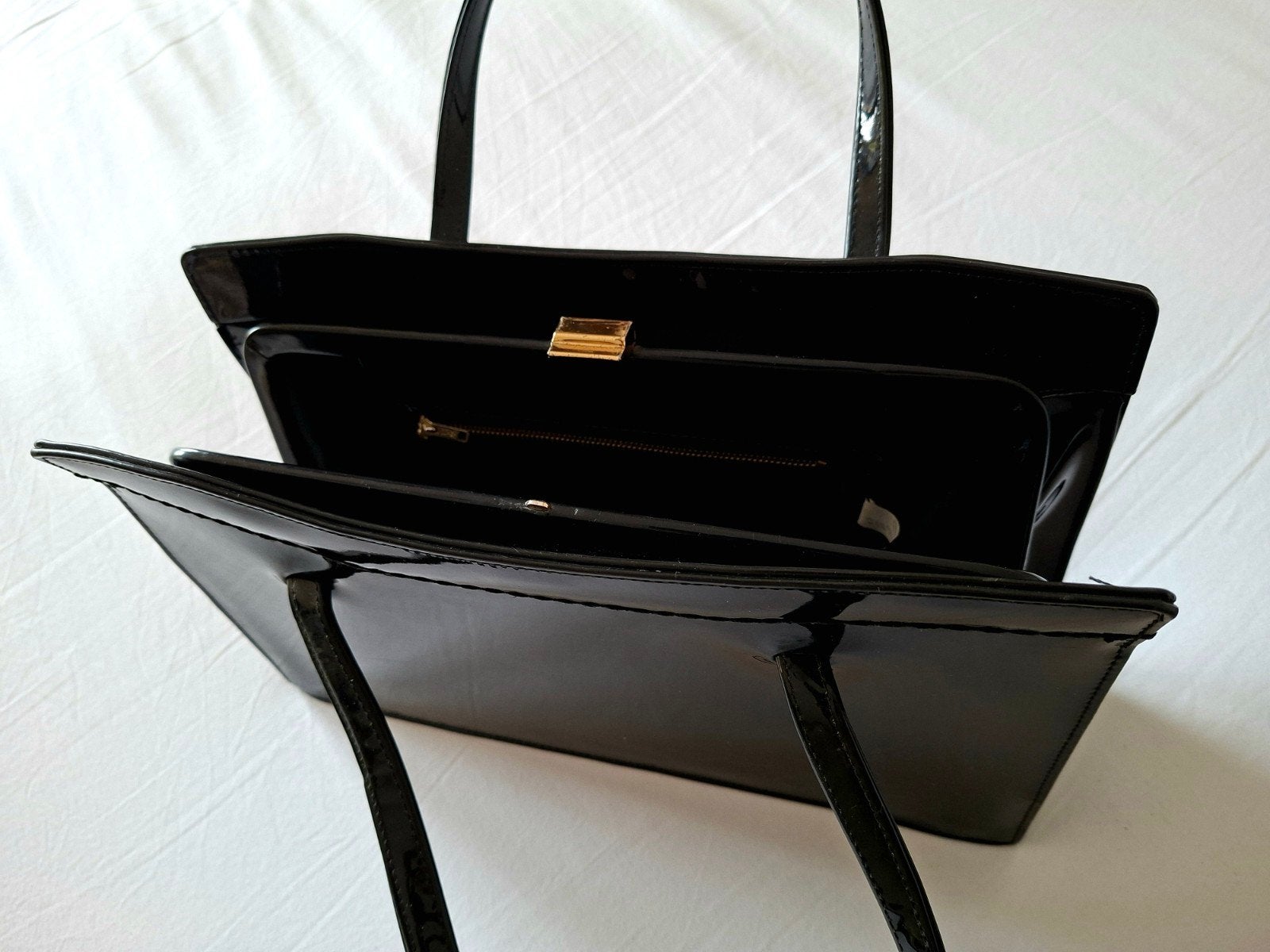 Prachtige Vintage Dames 'LENO' HANDTAS Jaren 50 - LAKLEER, Ophalen of Verzenden, Zwart, Handtas