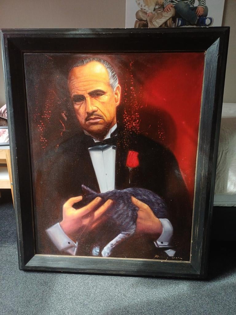 Schilderij: De Peetvader met kat ,lijst 98 bij 118, Ophalen of Verzenden