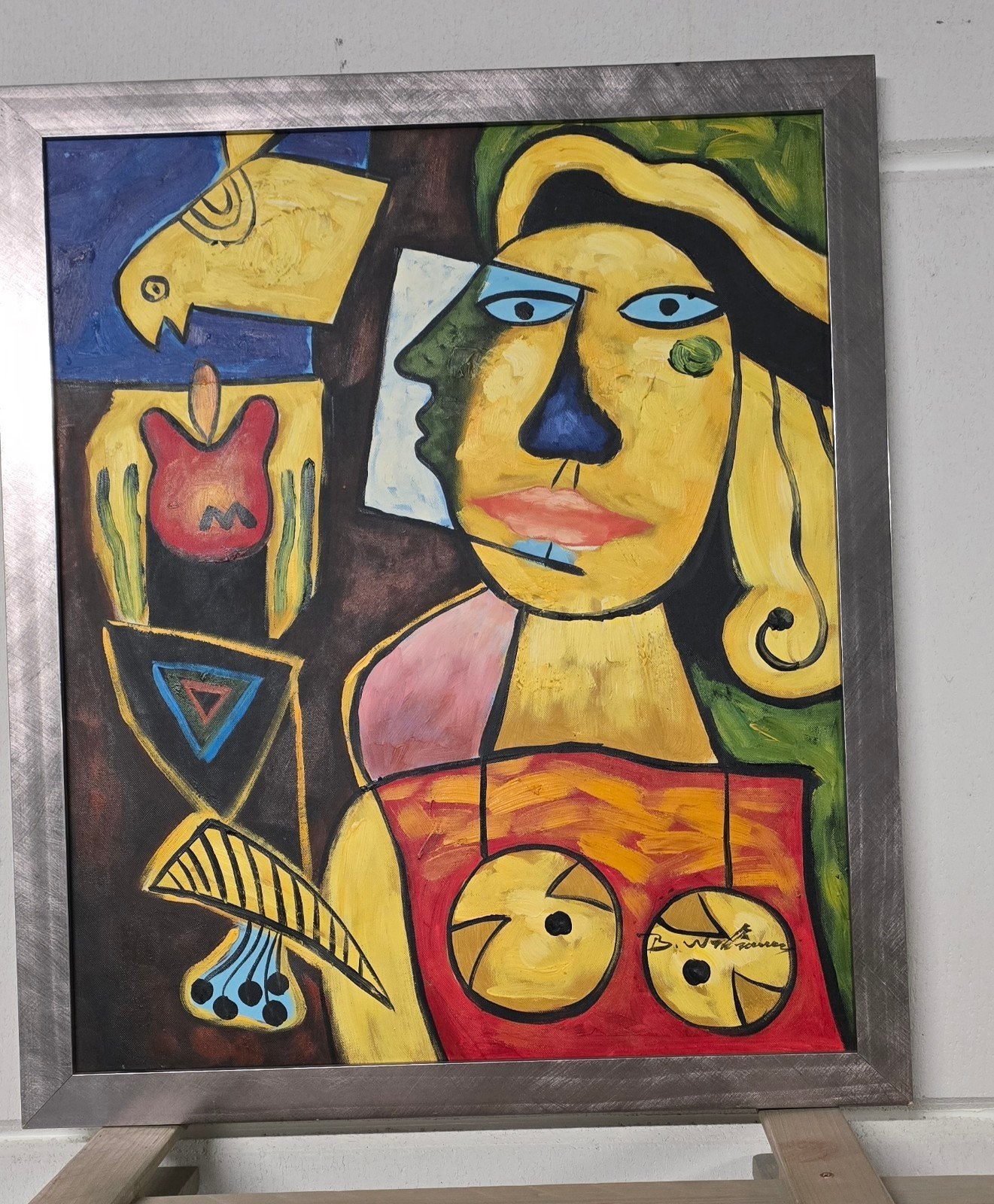 Modern schilderij in Picasso-stijl - Vrouw met vis, Ophalen of Verzenden, Ingelijst, Overige materialen, Figuren