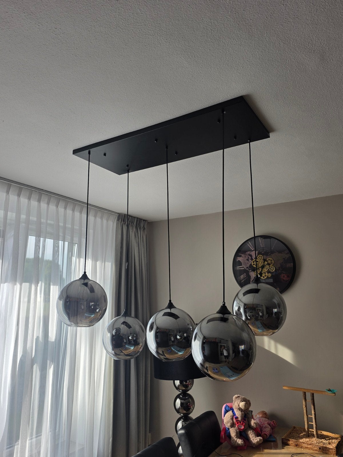 Hanglamp met 5 glazen bollen - chroom/zwart, Ophalen, Gebruikt, Overige fittingen, Glas