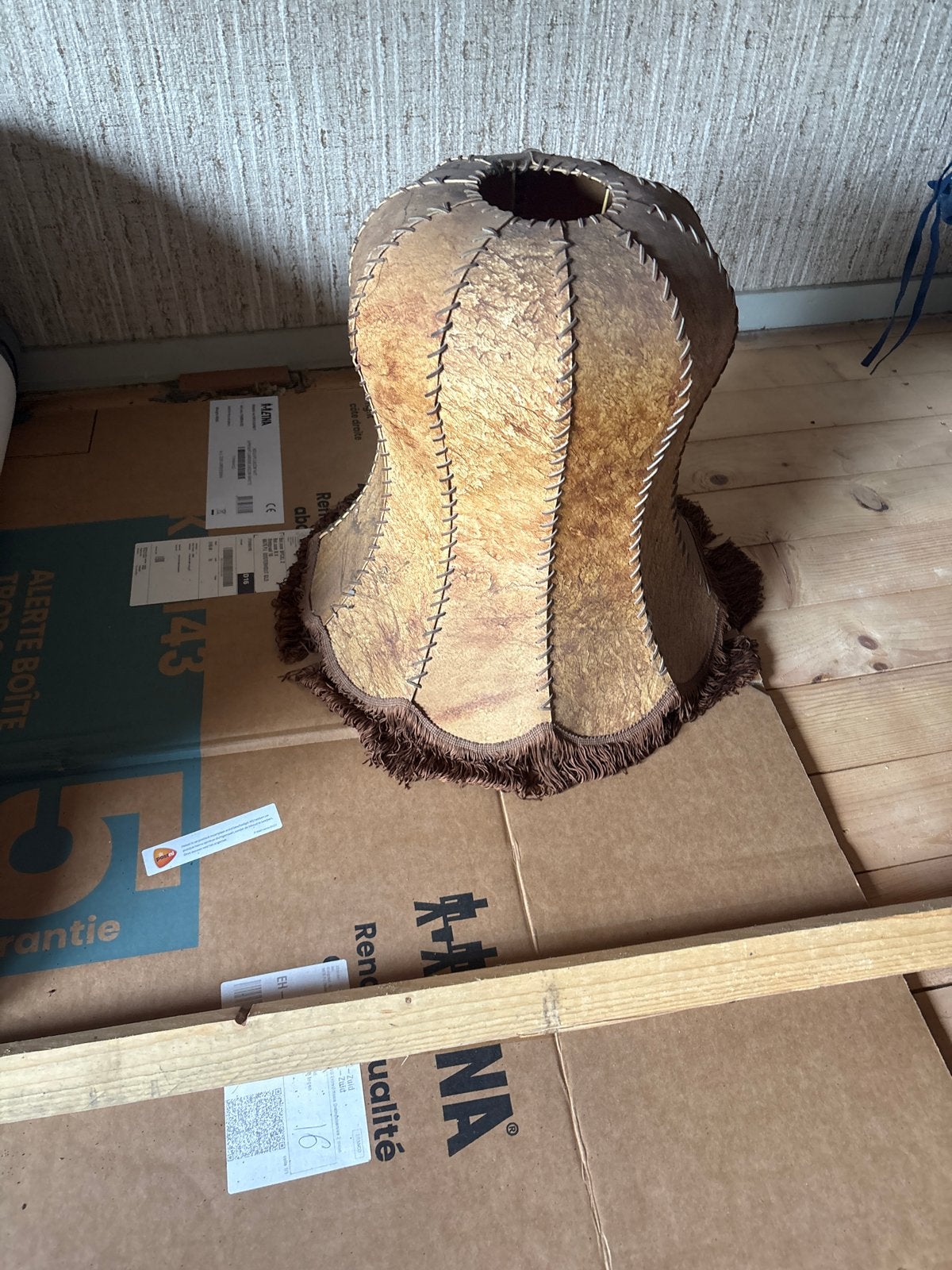 Unieke vintage grote lampenkap - bruin met franjes, Ophalen, Gebruikt, Bruin, Overige typen