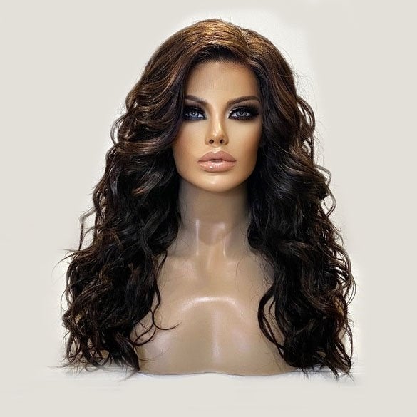 Swiss lace pruik lang bruin haar beach wave krullen model Ca, Ophalen of Verzenden, Nieuw, Pruik of Haarverlenging