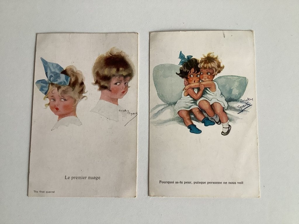 2 oude Chicky Sparks gelopen postkaarten met kindjes 1933, Verzamelen, Verzenden, 1920 tot 1940, Gelopen, Kinderen