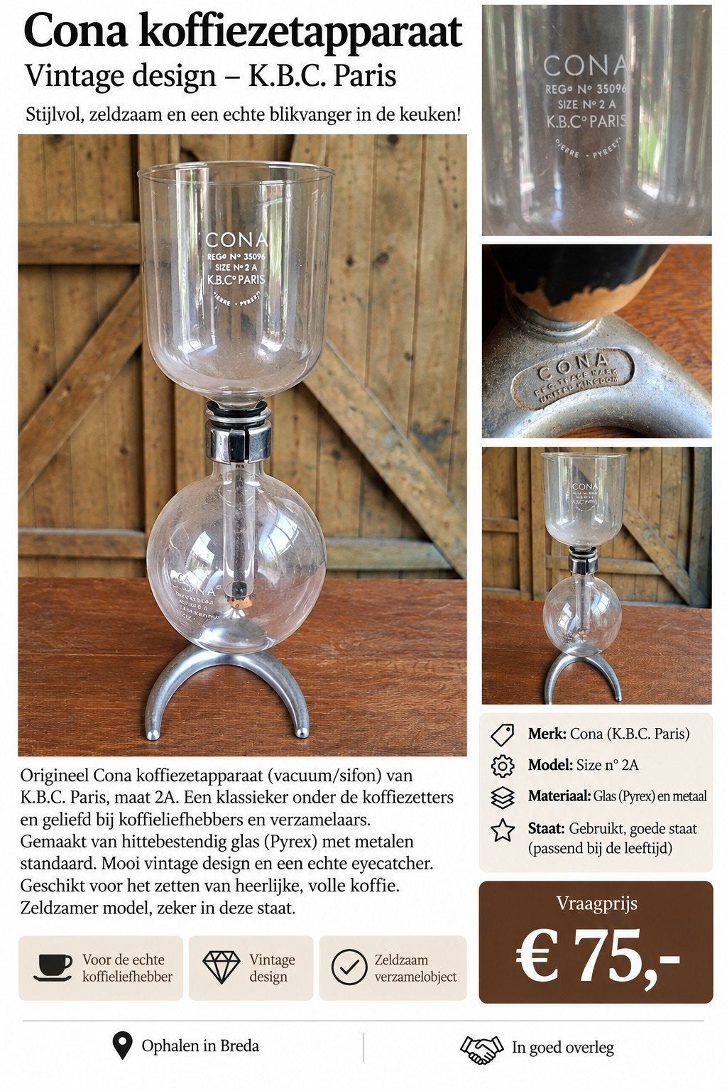 Cona Vintage Koffiezetapparaat K.B.C. Paris - Zeldzaam, Ophalen, Gebruikt, Overige modellen, Overige typen