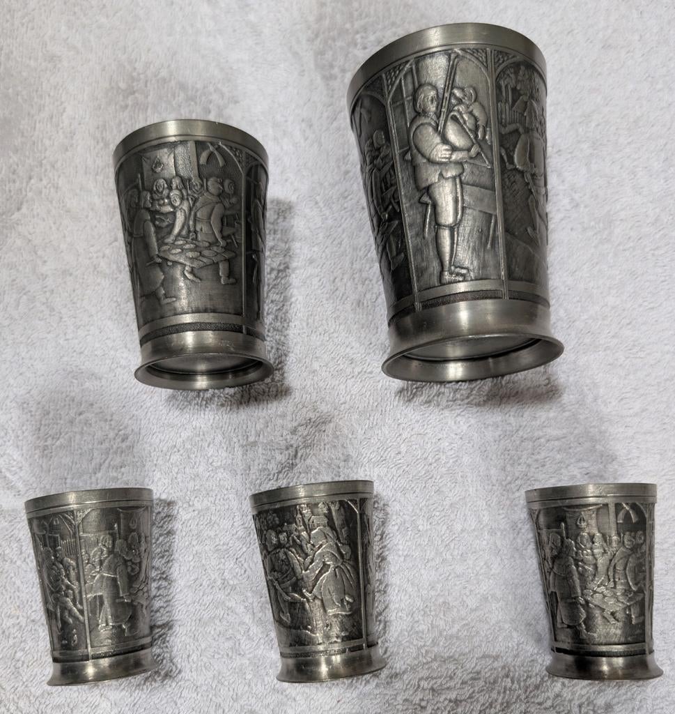 Tinnen Bekers - KMD Tiel (Royal Holland) 5-delige set, Antiek en Kunst, Antiek | Tin, Ophalen of Verzenden