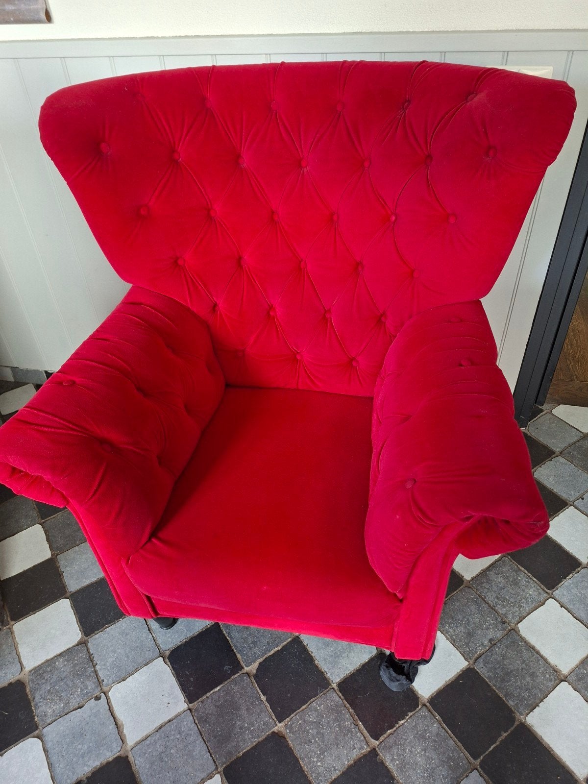 Rode Chesterfield oor fauteuil - Fluweel, Ophalen, Chesterfield, Klassiek, Modern, Zo goed als nieuw, Rood