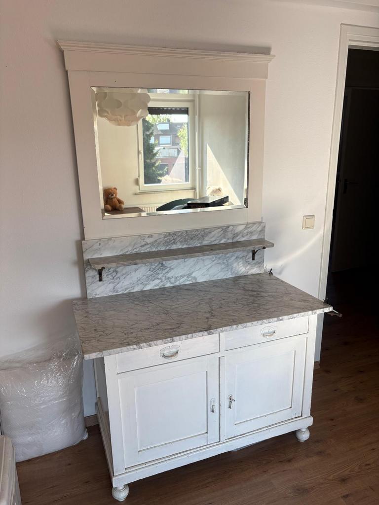 Vintage waskast/commode met marmeren blad en opzetspiegel, Ophalen of Verzenden