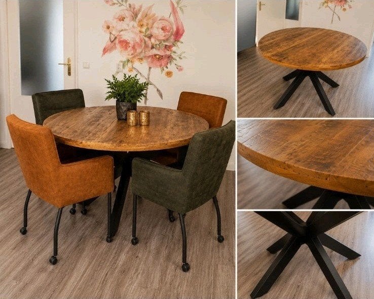 Prachtige industriële ronde eettafel + 4 luxe eetkamerstoele, Ophalen, Zo goed als nieuw, Vier