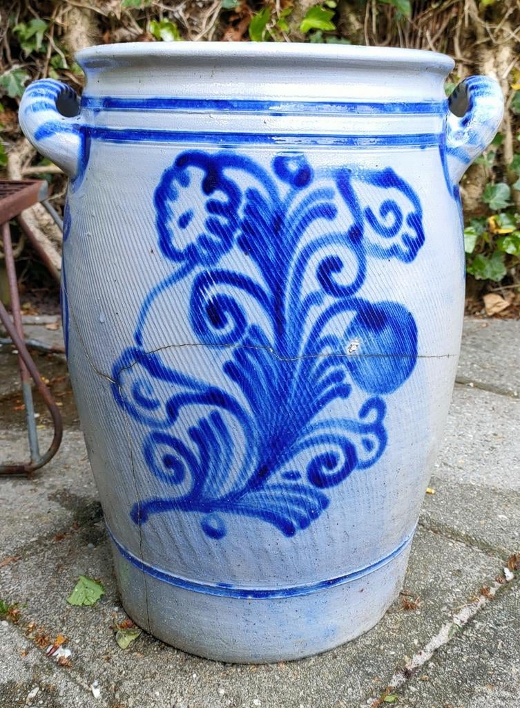 Blauwe Keulse bloempot, vintage, 38 cm hoog, Tuin en Terras, Bloempotten, Ophalen, Gebruikt, Rond, Aardewerk