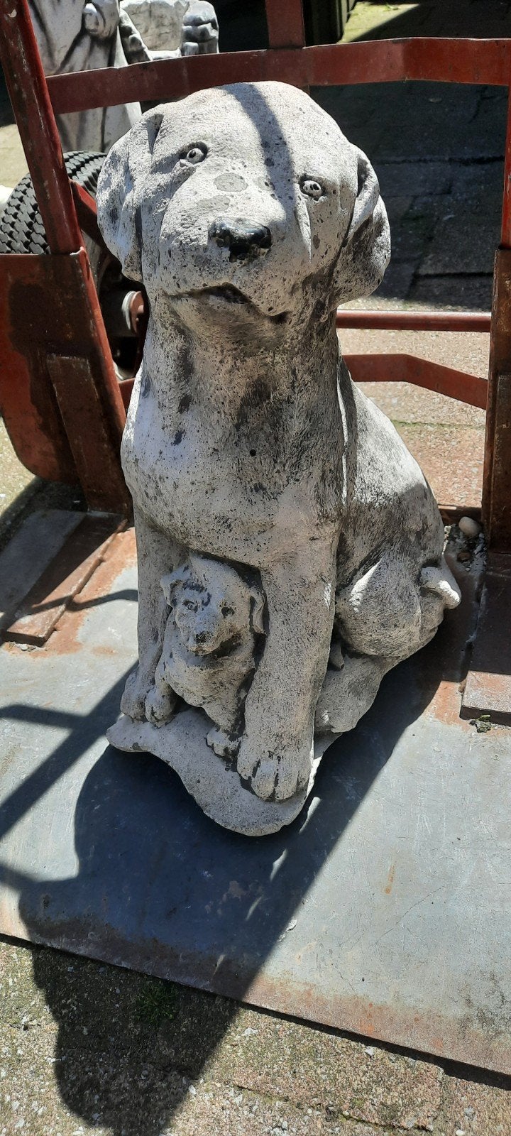 Betonnen hondenbeeld met puppy - Tuindecoratie, Ophalen, Gebruikt, Beton, Dierenbeeld