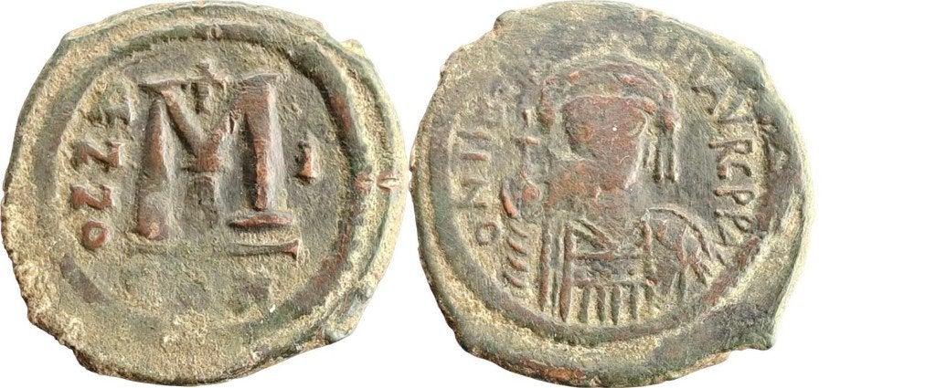 Follis 582, Byzantijnse Rijk, Mauricius Tiberius, Ophalen of Verzenden, Overige landen, Losse munt