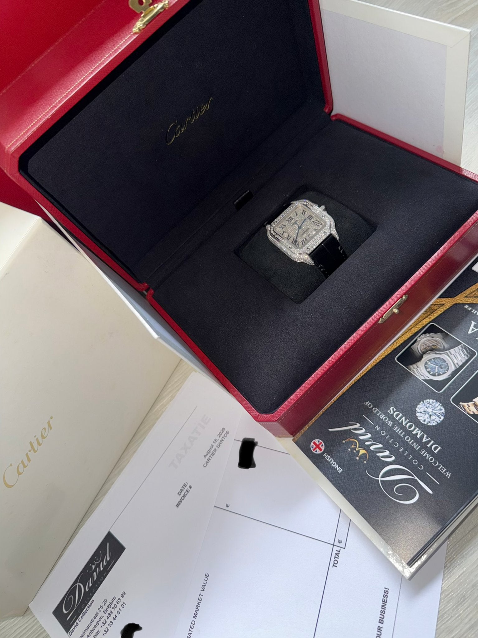Cartier Santos XL Diamond 15ct VVS Full Set 2025 Ongedragen, Leer, Staal, Polshorloge, Nieuw