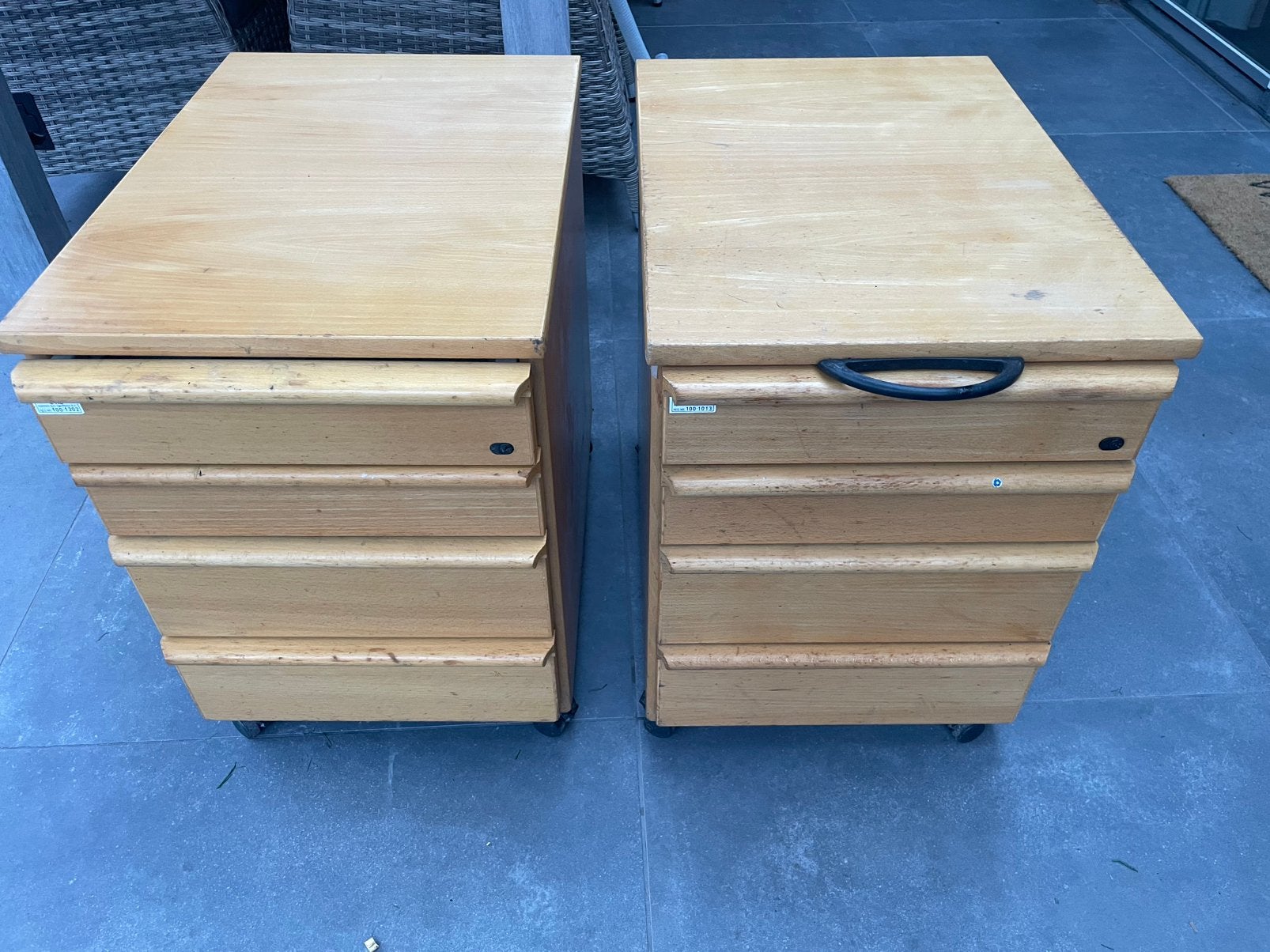 2x houten bureauladeblokken / ladeblokken 4 laden, Huis en Inrichting, Ophalen, Minder dan 50 cm, Gebruikt, 3 of 4 laden