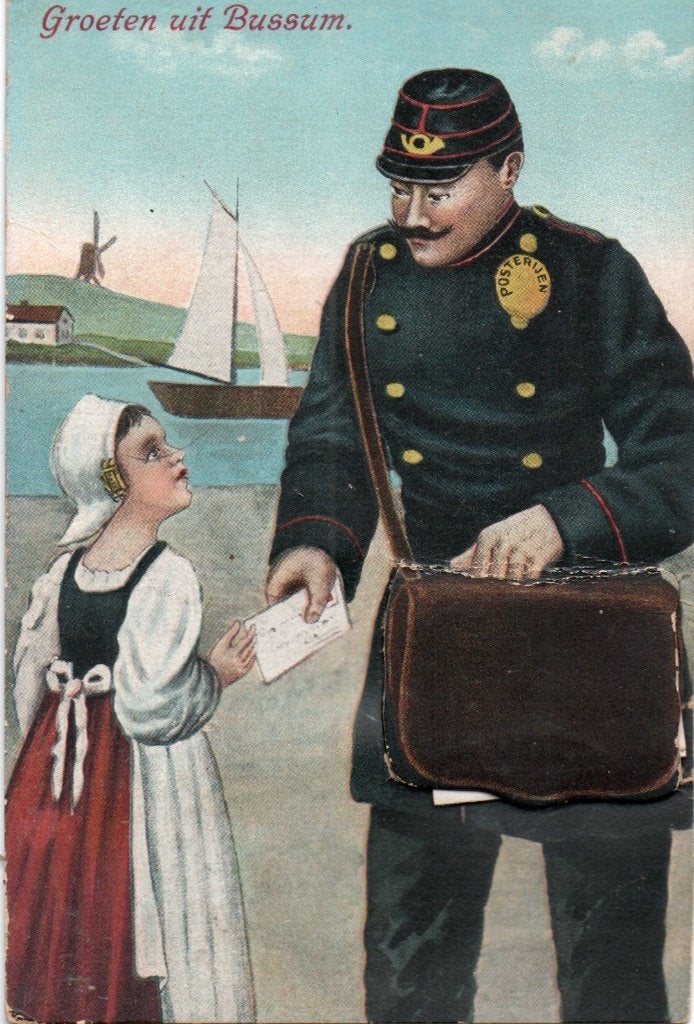 Bussum, Klepjeskaart, Groeten uit Postbode en Stadsgez. 7805, Verzamelen, Ophalen of Verzenden, Voor 1920, Gelopen, Noord-Holland