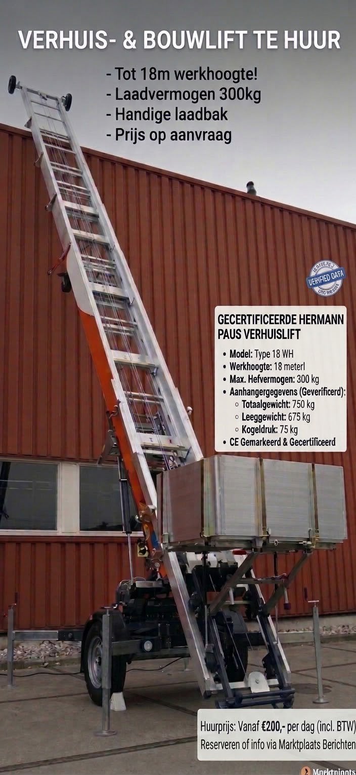 Verhuislift te huur 18m Professionele Bouwlift (Paus), Ophalen, Zo goed als nieuw, Ladder, Opvouwbaar of Inschuifbaar