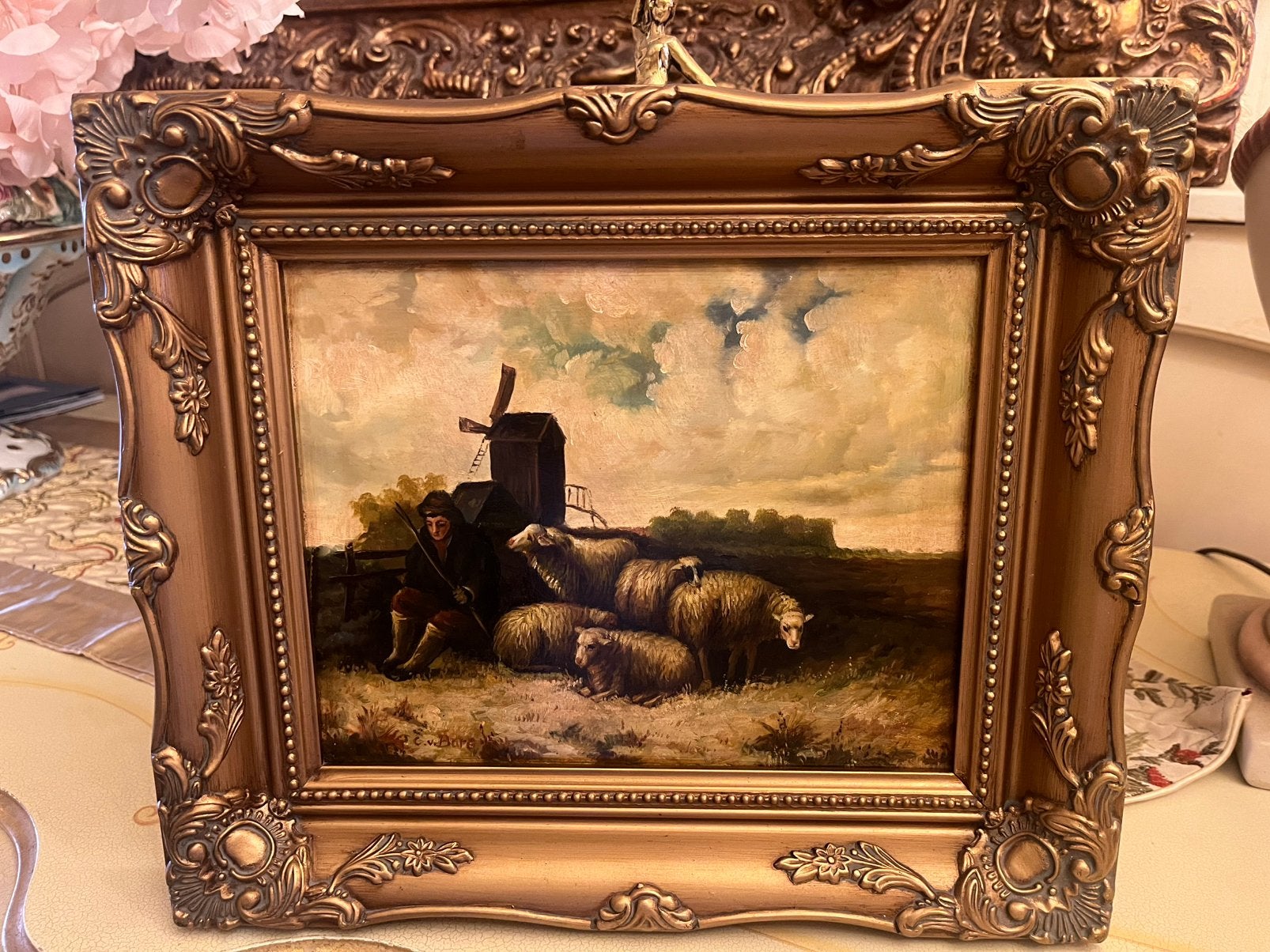 Antiek olieverf schilderij met schapen, Ophalen of Verzenden
