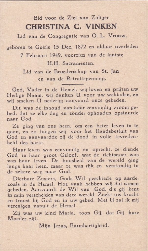 Vinken Christina 1872 Goirle 1949, Ophalen of Verzenden, Bidprentje
