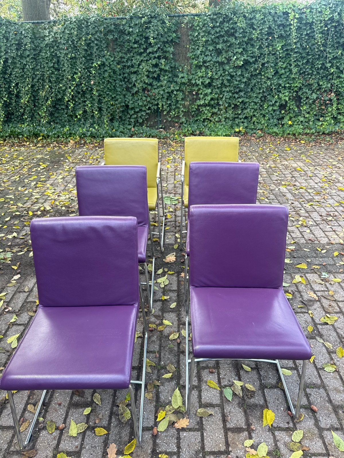 Set van 6 stoelen, paars en geel, verchroomd frame, Ophalen, Gebruikt, Overige kleuren, Metaal