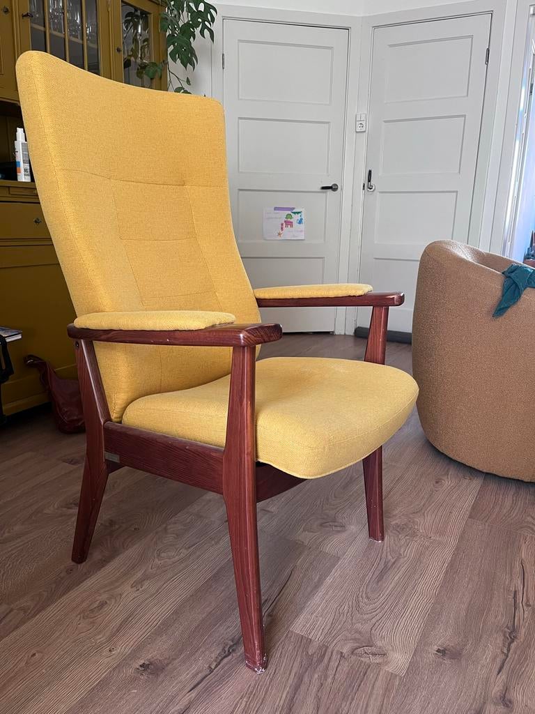Vintage Farstrup fauteuil, opnieuw bekleed okergeel, Huis en Inrichting, Fauteuils, 75 tot 100 cm, Ophalen of Verzenden, Zo goed als nieuw