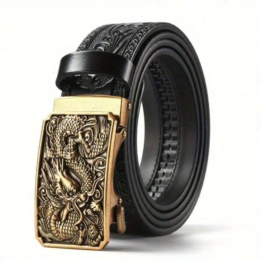 Luxe echt leren heren riem met metalen draken gesp, Ophalen of Verzenden, Echt leder, Zwart, Nieuw