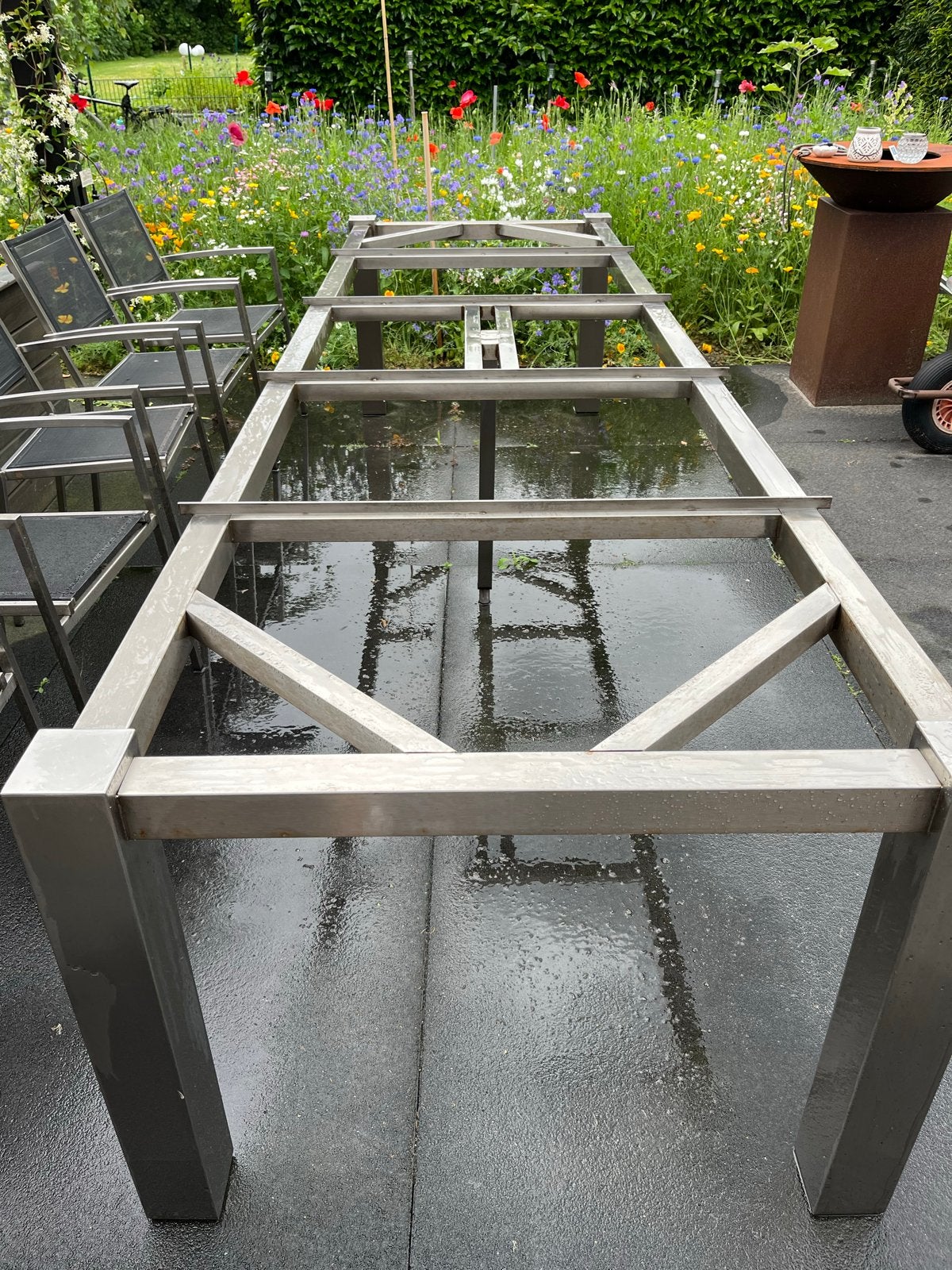 RVS Buitentafel met Granieten Bladen (335x100x77 cm), Tuin en Terras, Ophalen, Gebruikt, Rechthoekig, Rvs