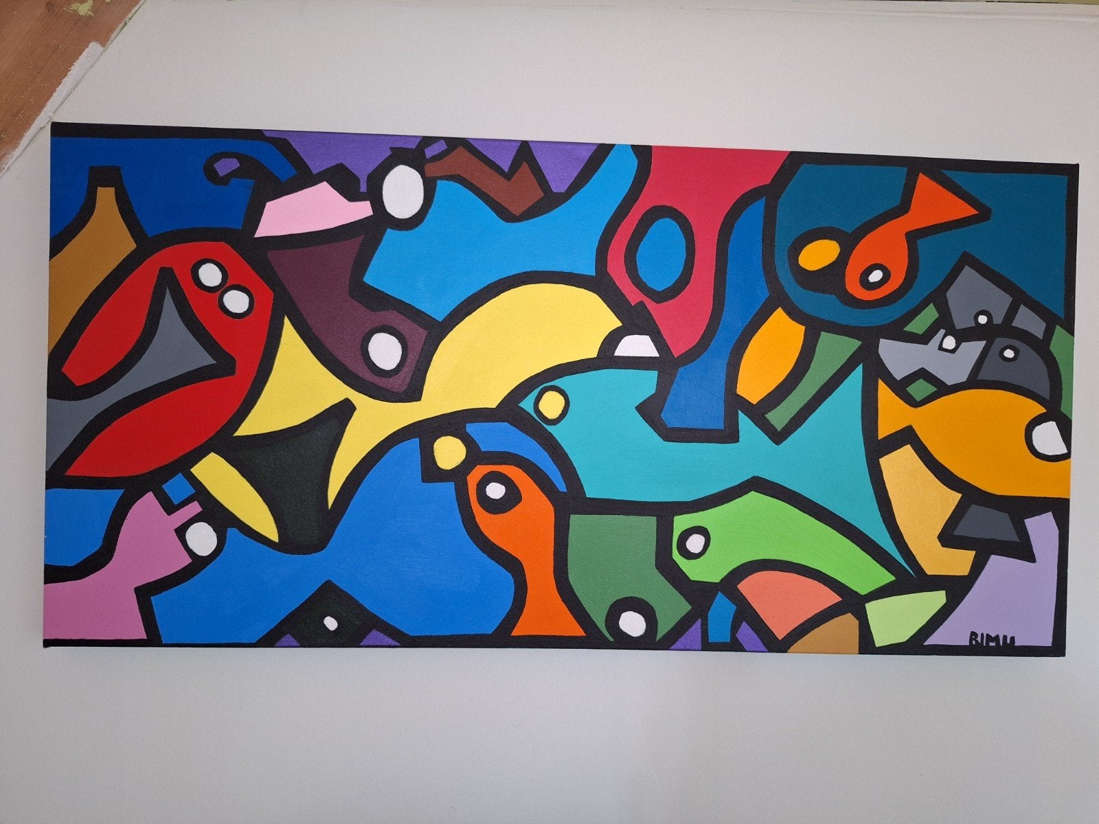 Kleurrijk schilderij met vissen van Bimu (120x60 cm), Ophalen