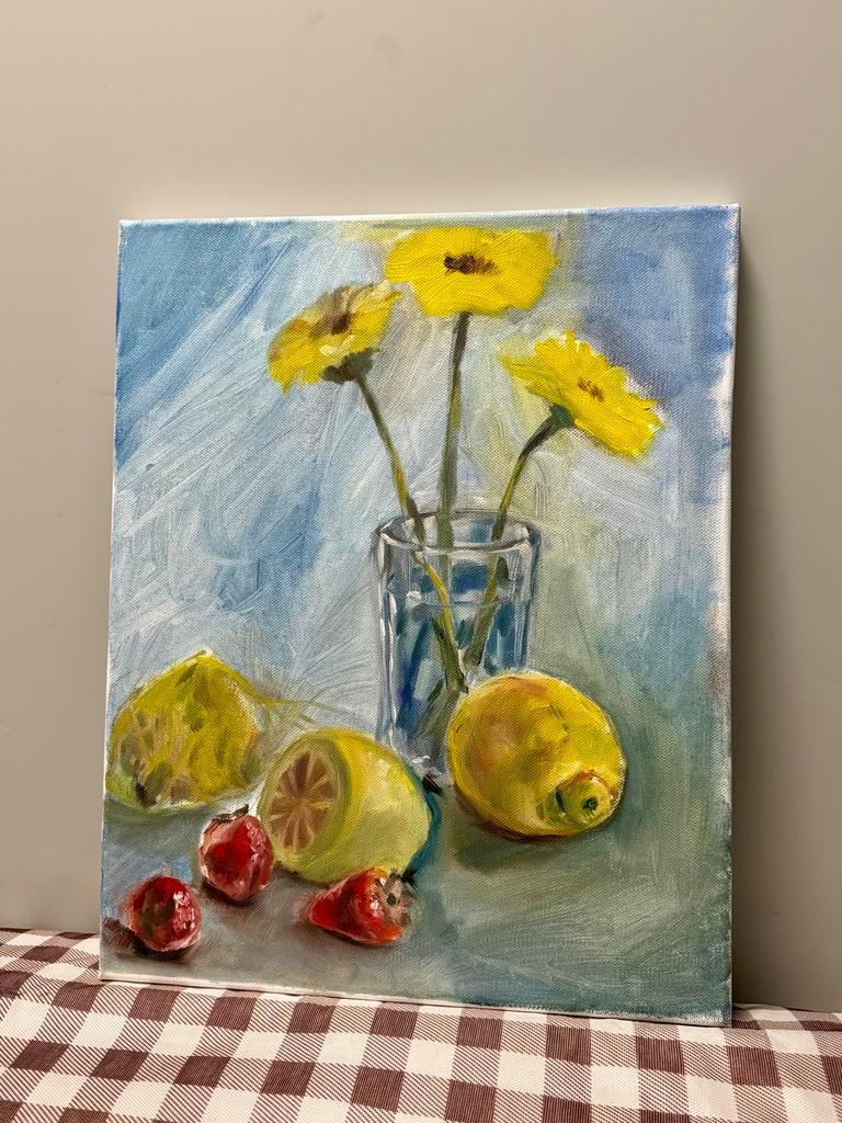 Olieverf Schilderij: Bloemen, Citroenen & Aardbeien, Ophalen of Verzenden