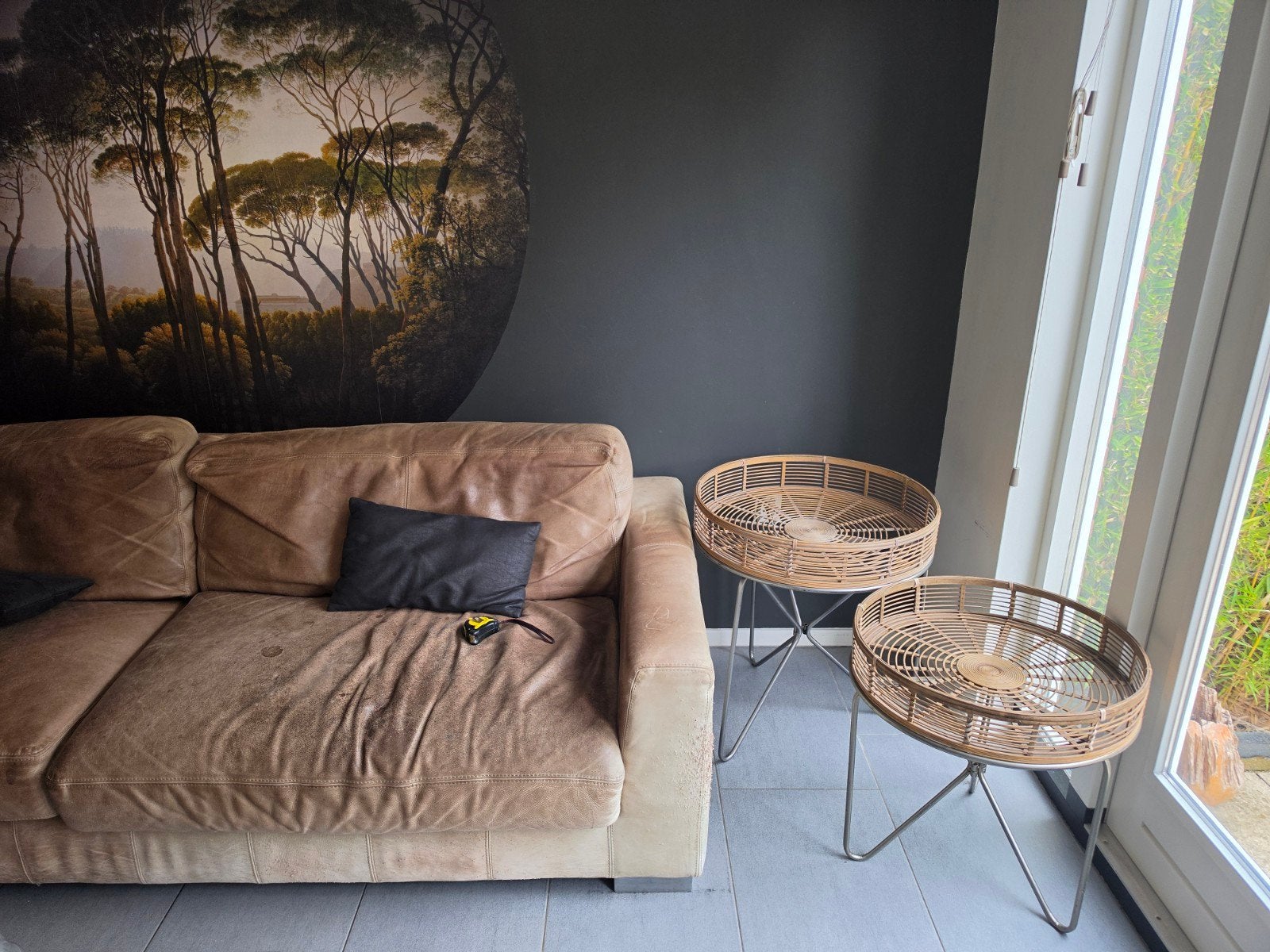 Set van 2 stoere rotan salontafels  bijzettafels met metaal, Huis en Inrichting, Boho, Modern, Natuurlijk, Rond, 55 tot 75 cm
