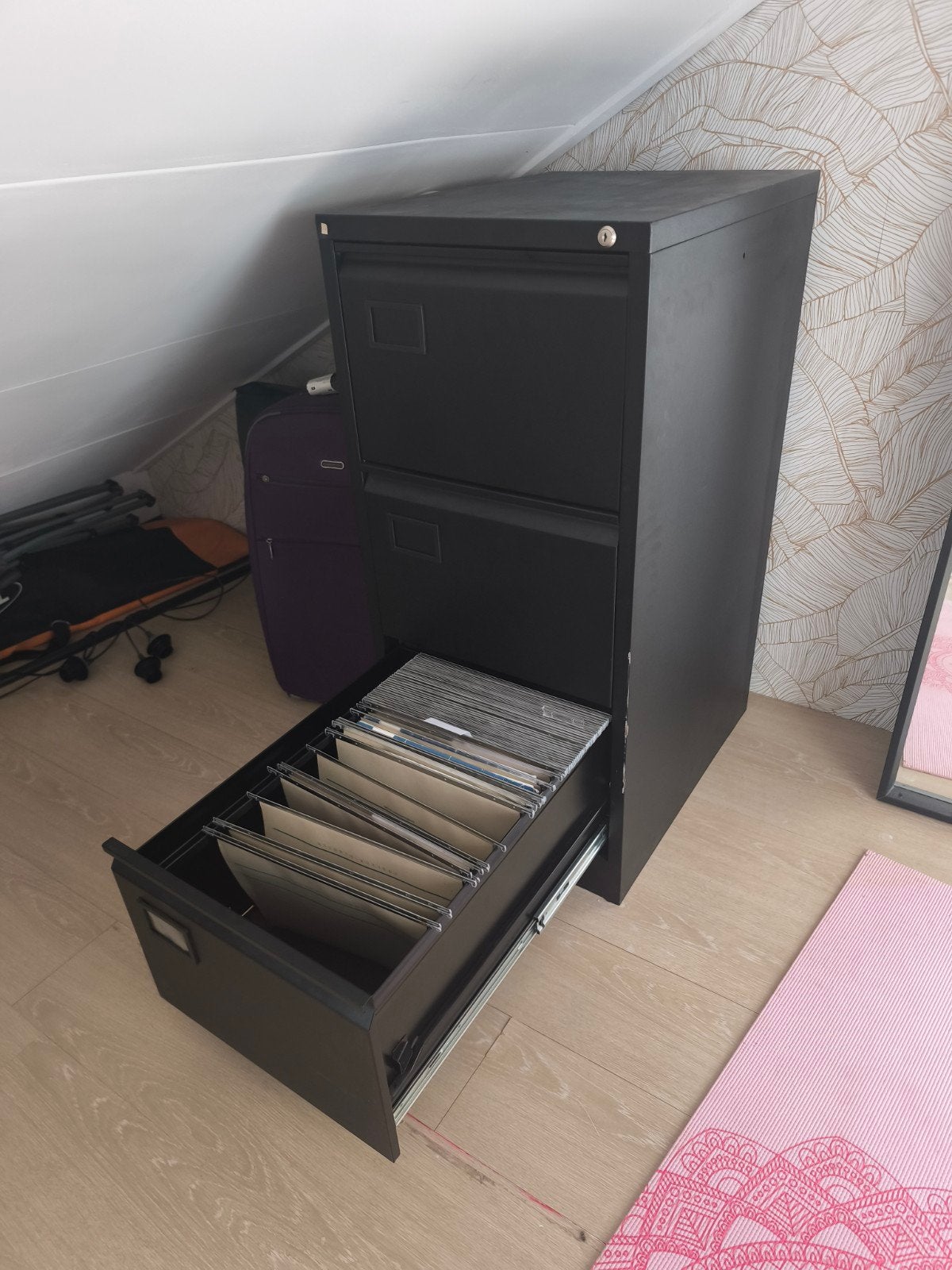 Archiefkast zwart met 3 laden en 1 lade vol hangmappen, Ophalen, Gebruikt, 50 tot 100 cm, Minder dan 100 cm
