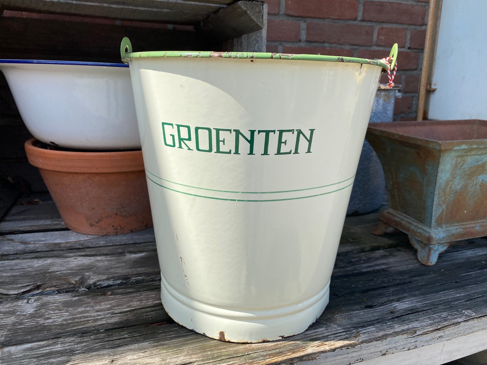 Crème emaille groenten emmer, Ophalen of Verzenden