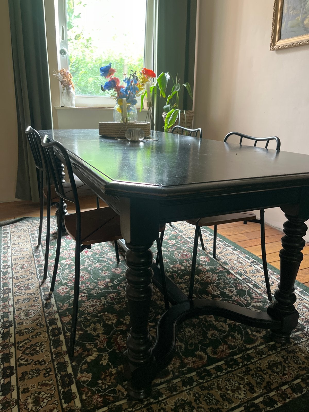 Zwarte landelijke eettafel voor 4-6 personen, Huis en Inrichting, Ophalen, Gebruikt, 50 tot 100 cm, Vijf personen of meer
