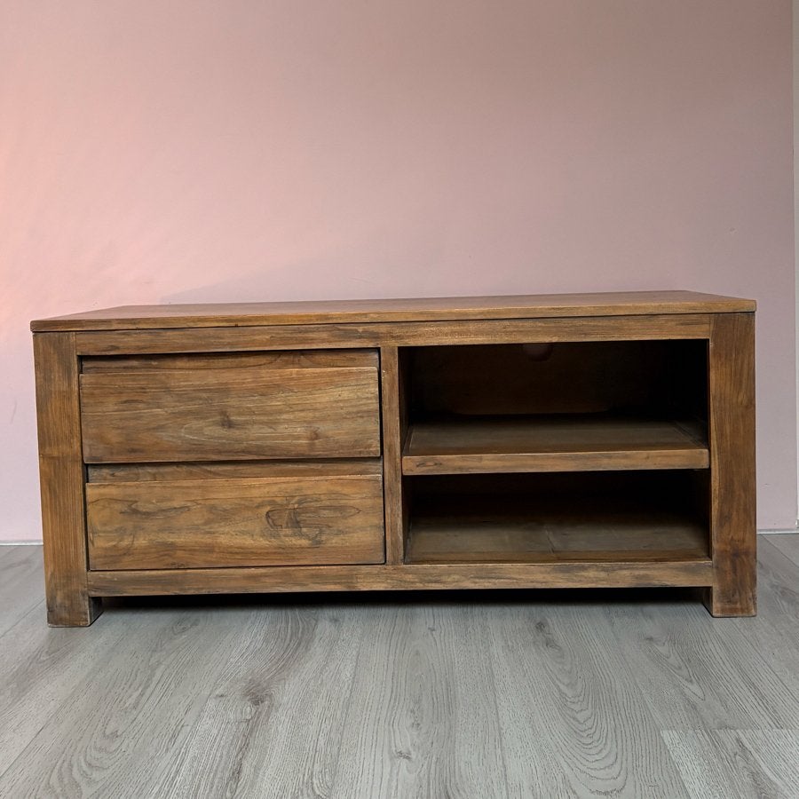 Massief teak houten tv-meubel met lades en open vakken, Huis en Inrichting, Kasten | Televisiemeubels, Ophalen, Gebruikt, 100 tot 150 cm