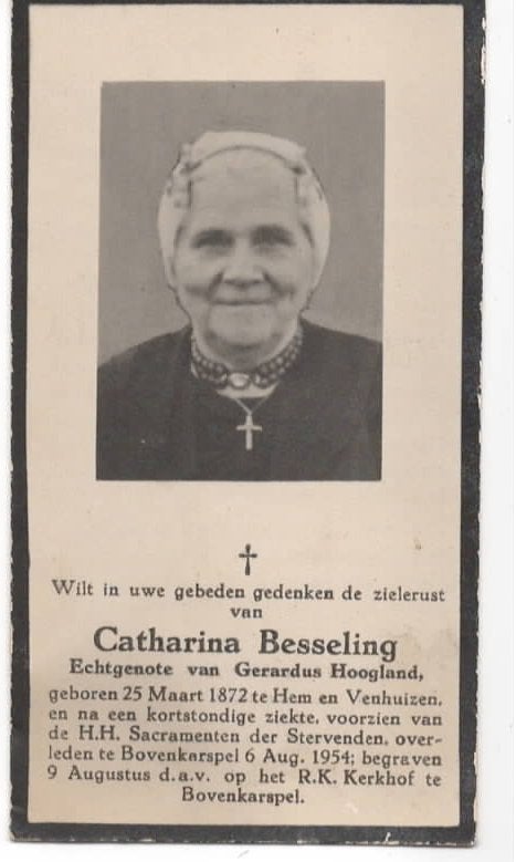Klederdracht Catharina Besseling * 1872 Hem + 1954, Verzamelen, Verzenden, Bidprentje