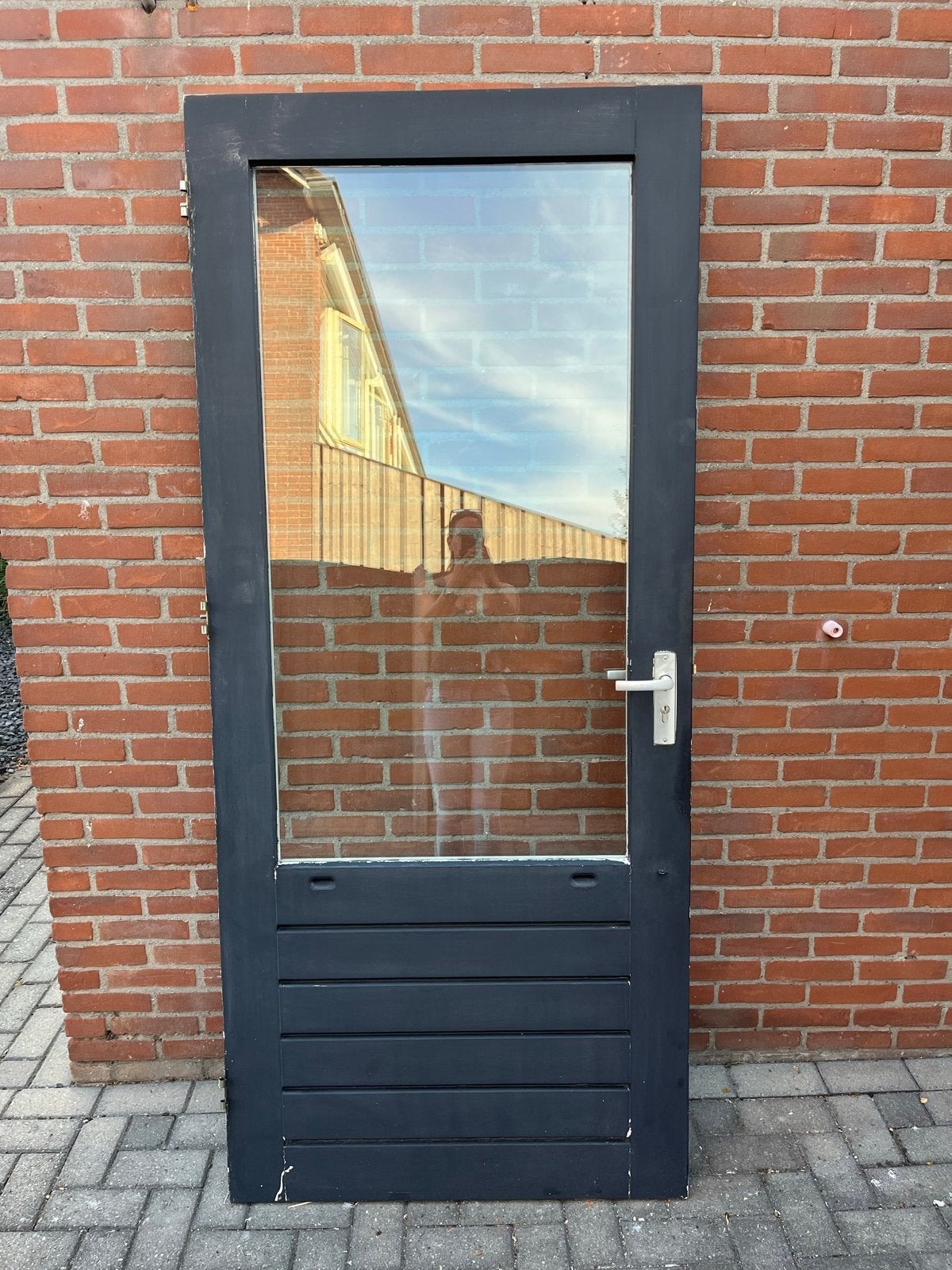 Buitendeur met glas en lamellen, zwart/wit 211x 91,5x 4cm, Doe-het-zelf en Verbouw, Deuren en Horren, Ophalen, Gebruikt, 80 tot 100 cm