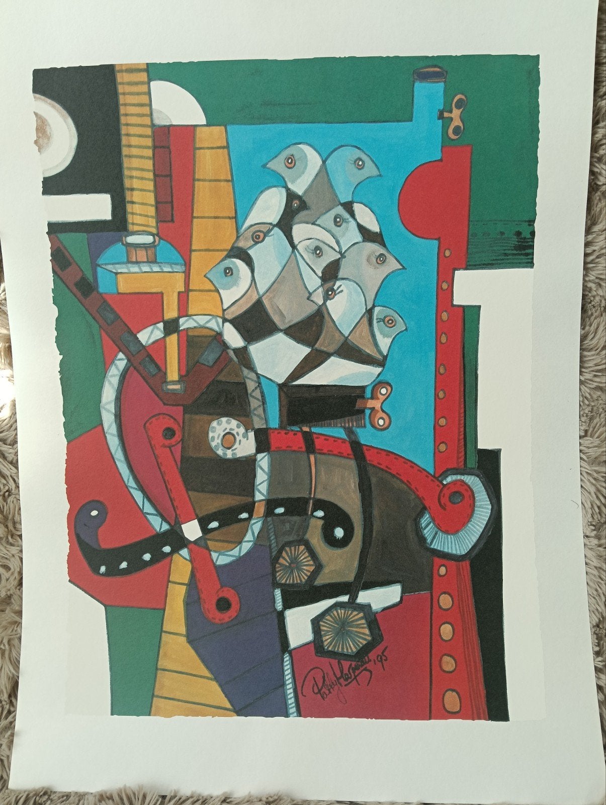 Abstracte kunstprint met vogels en mechanische elementen, Antiek en Kunst, Abstract, Papier/karton, Ophalen of Verzenden, Print