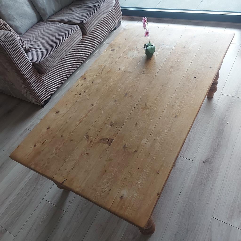 Mooie oud geloogd grenen salontafel, Gebruikt, 100 tot 150 cm, Minder dan 50 cm, Rechthoekig