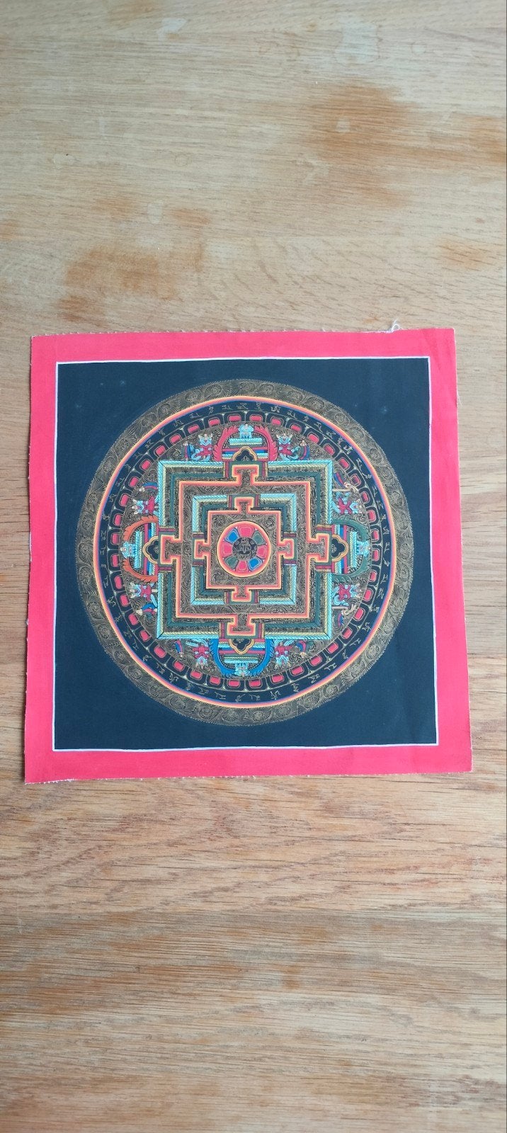 Traditionele handgeschilderde Tibetaanse Thangka (Mandala), Tibet, 24 cm, Schilderij, Natuurlijk materiaal