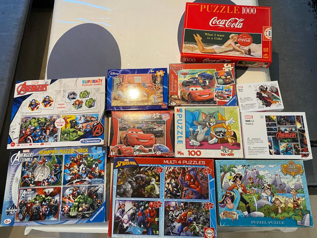 Diverse Puzzels: Marvel, Coca-Cola, Cars, Tom & Jerry (50-10, Ophalen, Meer dan 50 stukjes, Gebruikt, 6 jaar of ouder