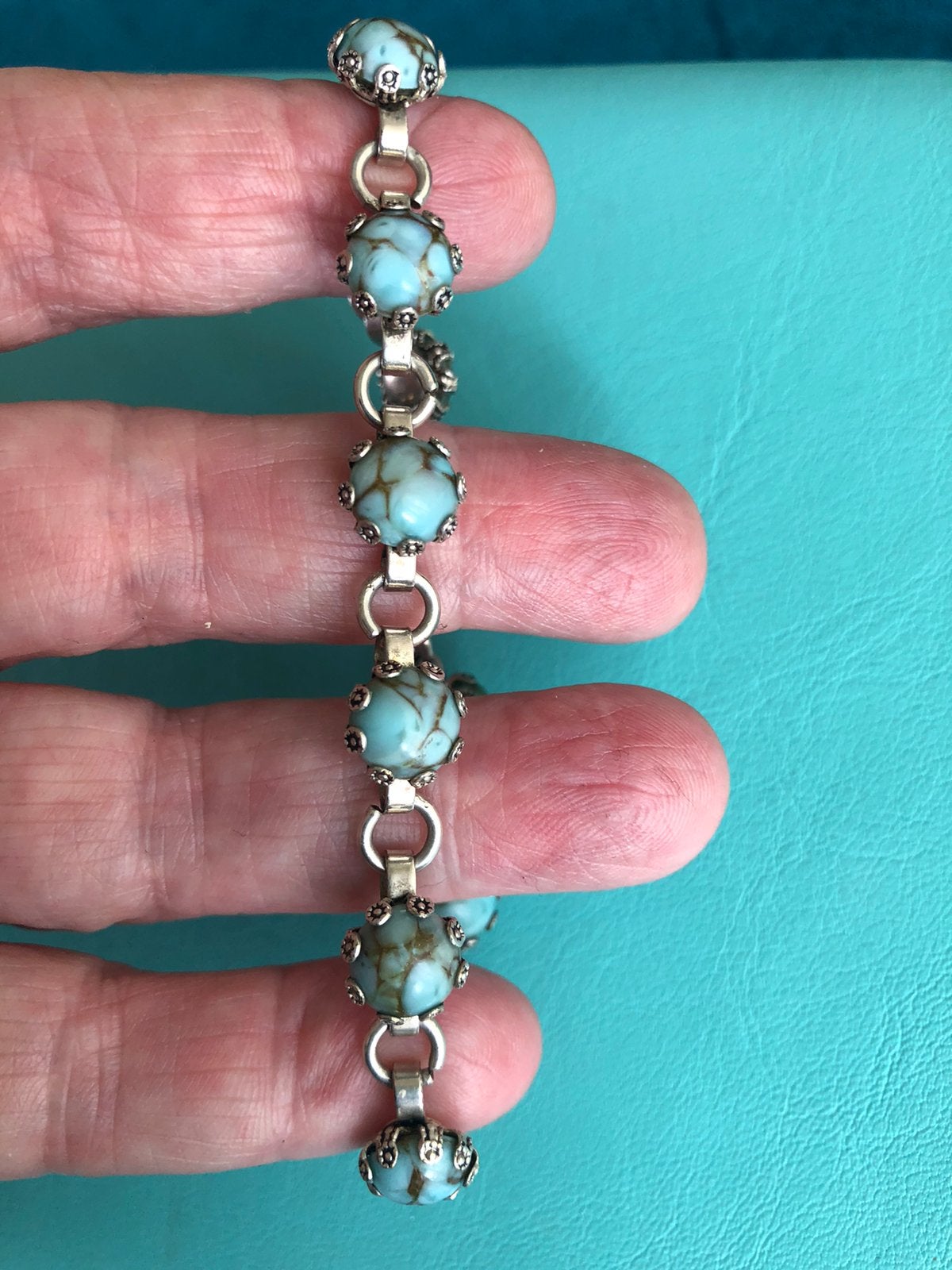 Antiek Turquoise Zilver Armbandje Goud Gemarmerd, Sieraden, Tassen en Uiterlijk, Antieke sieraden, Verzenden, Zilver, Armband