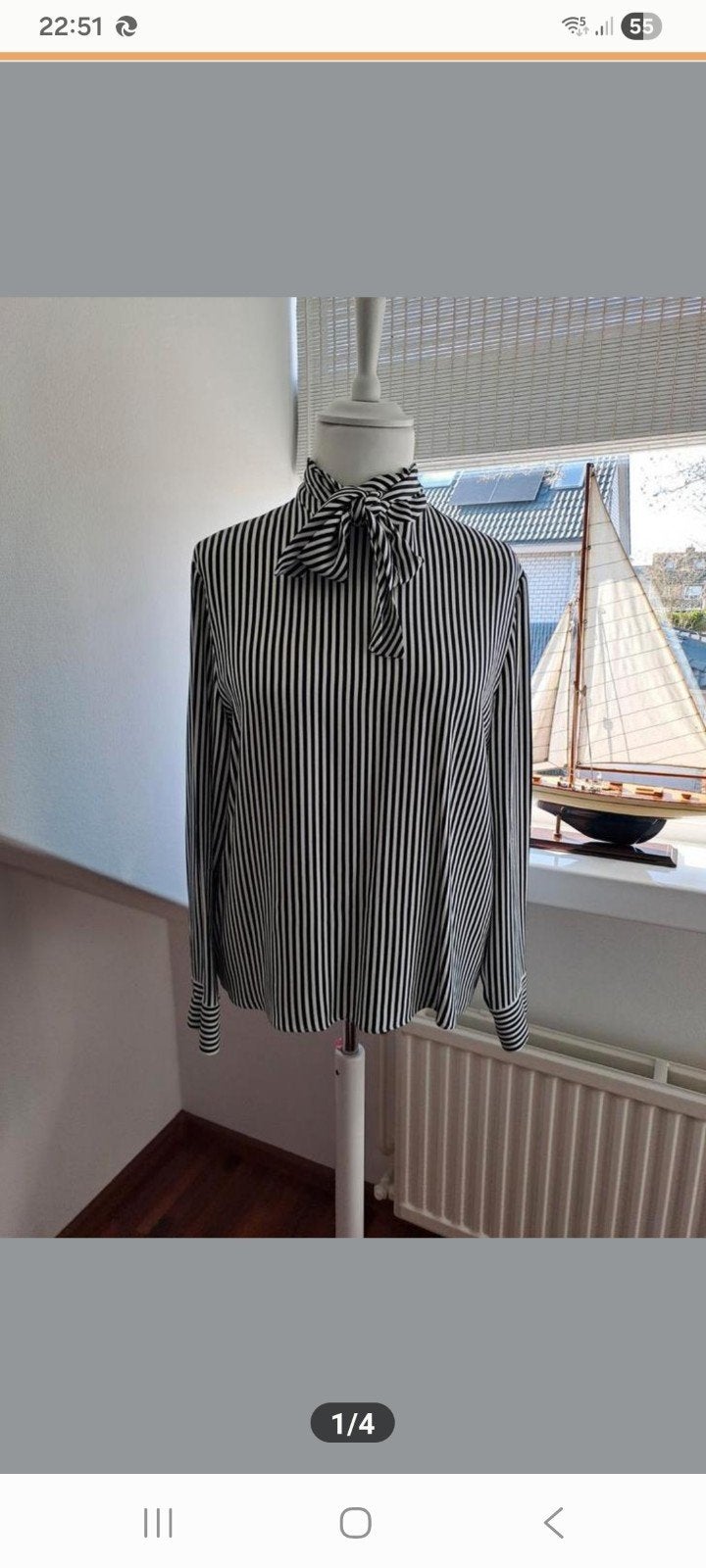 Vanillia blouse blauw/ wit streepje met strikkraagje, Wit, Maat 42/44 (L), Nieuw, Ophalen of Verzenden