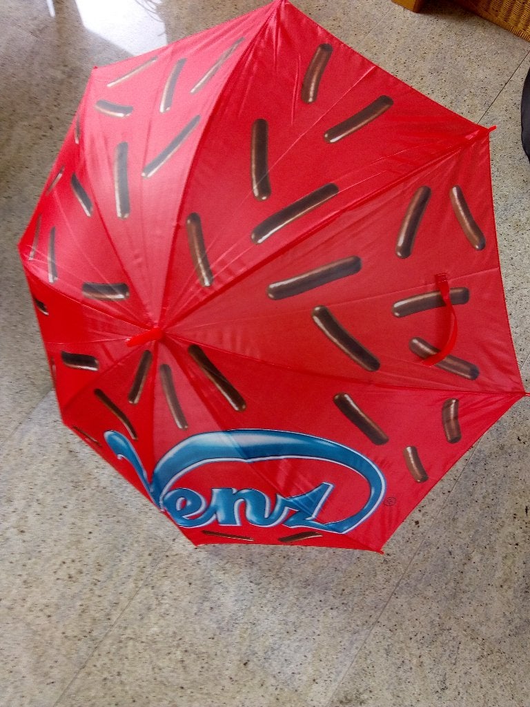 Rode paraplu met VENZ reclame, Verzamelen, Ophalen of Verzenden, Zo goed als nieuw, Gebruiksvoorwerp