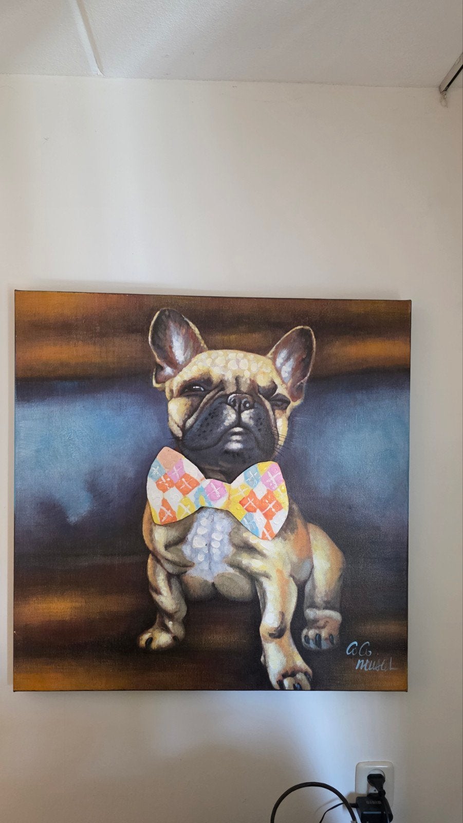 Schilderij Franse Bulldog met Vlinderdas, Antiek en Kunst, Ophalen
