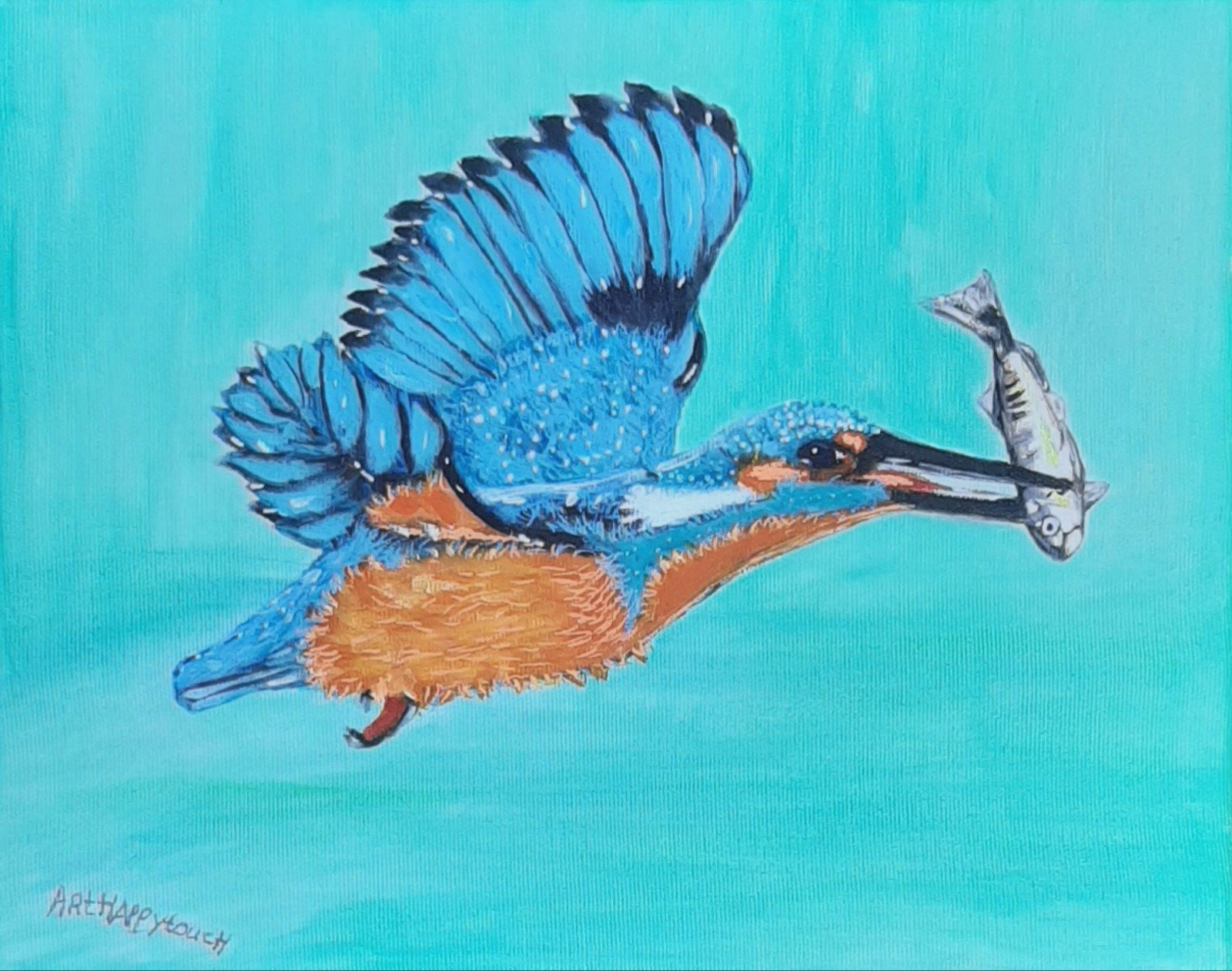 schilderij IJsvogel met visje kleurrijk acryl op canvas, Ophalen of Verzenden, Gesigneerd, Acrylverf, Dieren