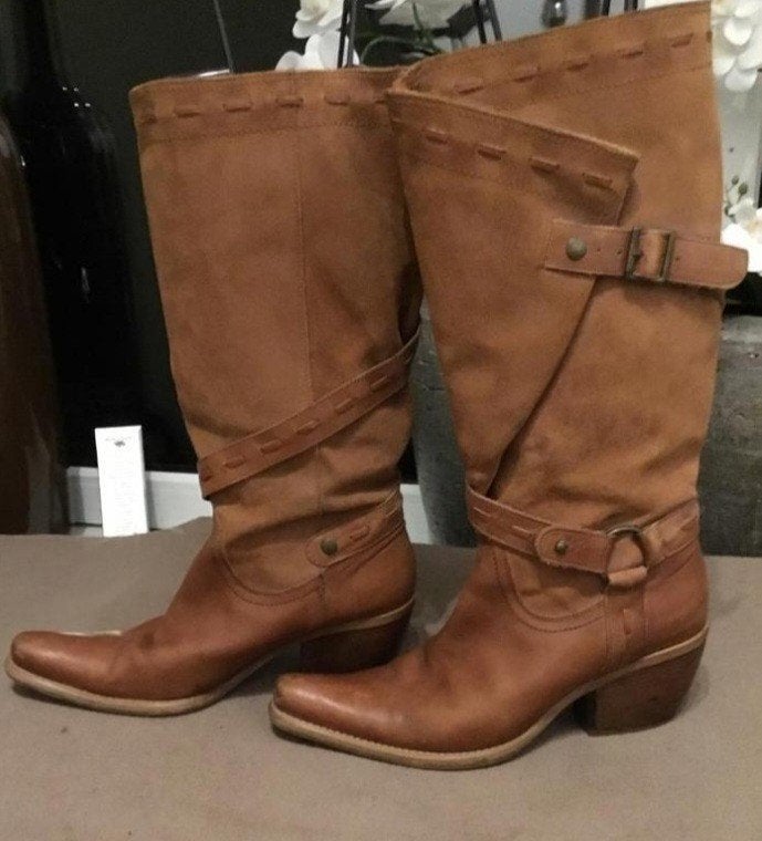 Leren western cowboy laarzen cognac maat 39 brede kuiten, Hoge laarzen, Bruin, Ophalen of Verzenden, Gedragen