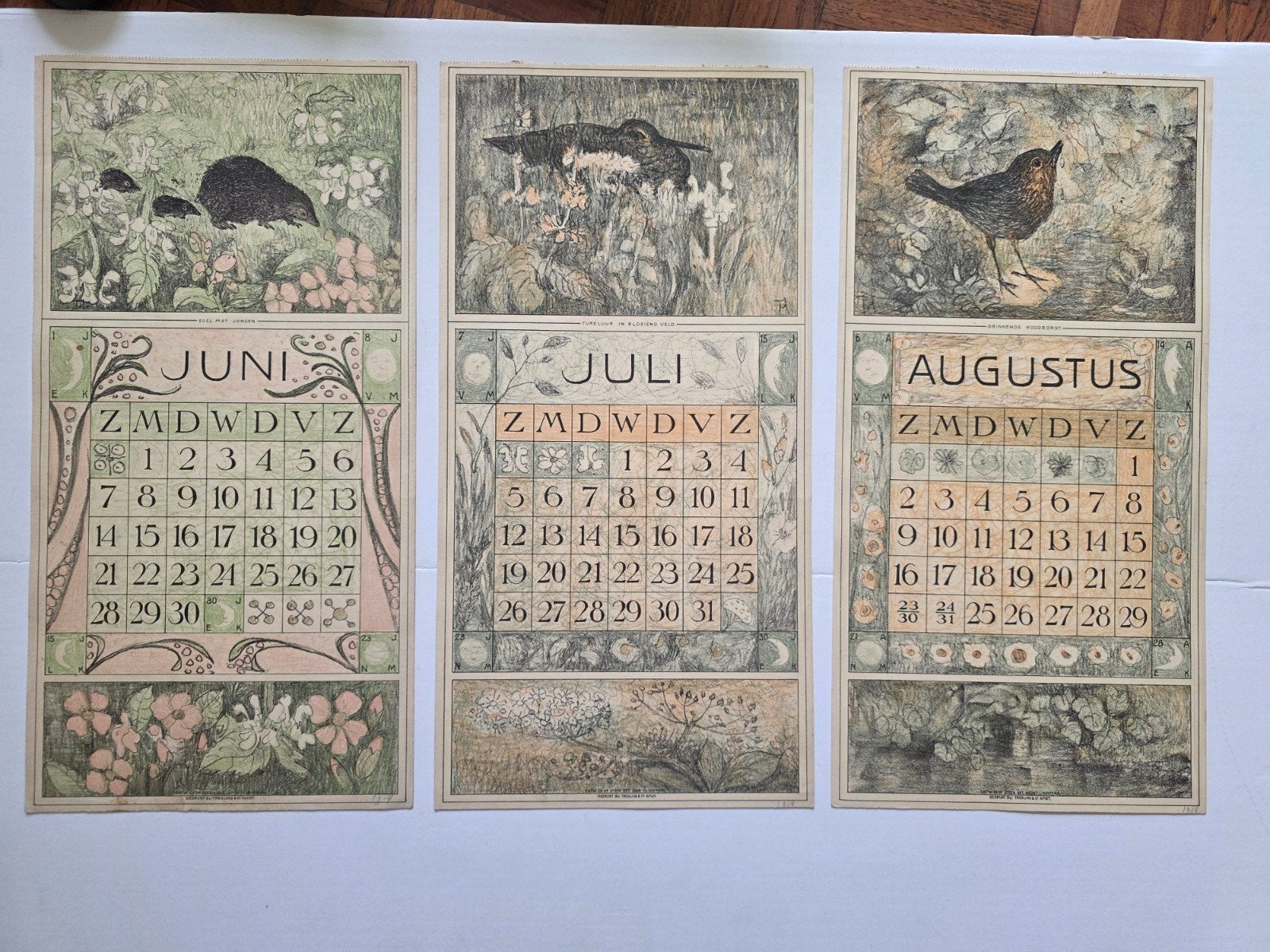 Theo van Hoytema - 7 bladen van de kalender van 1914., Antiek en Kunst, Kunst | Litho's en Zeefdrukken, Ophalen of Verzenden, Lithografie