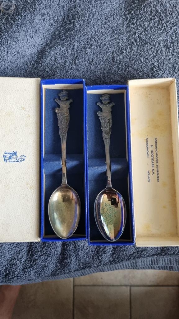 Set van 2 Antieke Zilveren Lepels met Kinderfiguur, Antiek en Kunst, Antiek | Bestek, Ophalen of Verzenden