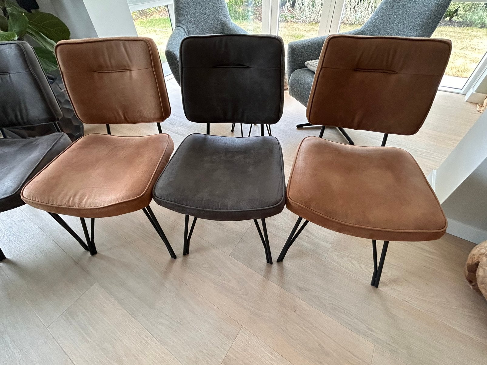 6 eetkamerstoelen cognac & antraciet - microvezel, Huis en Inrichting, Ophalen, Zo goed als nieuw, Vijf, Zes of meer stoelen, Stof