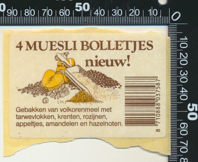 Sticker: 4 Muesli Bolletjes (1), Ophalen of Verzenden, Zo goed als nieuw, Bedrijf of Vereniging