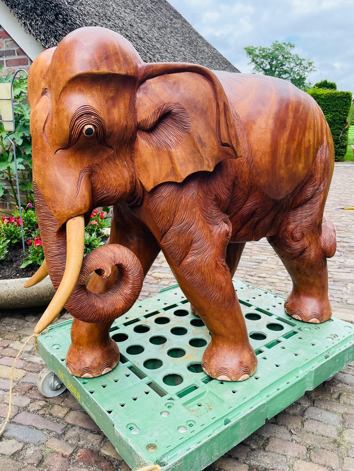 Prachtige zware grote houten Olifant met losse slagtanden, Ophalen, Overige onderwerpen, Houtsnijwerk, Handgemaakt