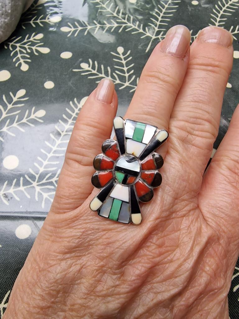 Zuni sunface sterling inlay ring, Gebruikt, Overige kleuren, Ophalen of Verzenden, 17 tot 18